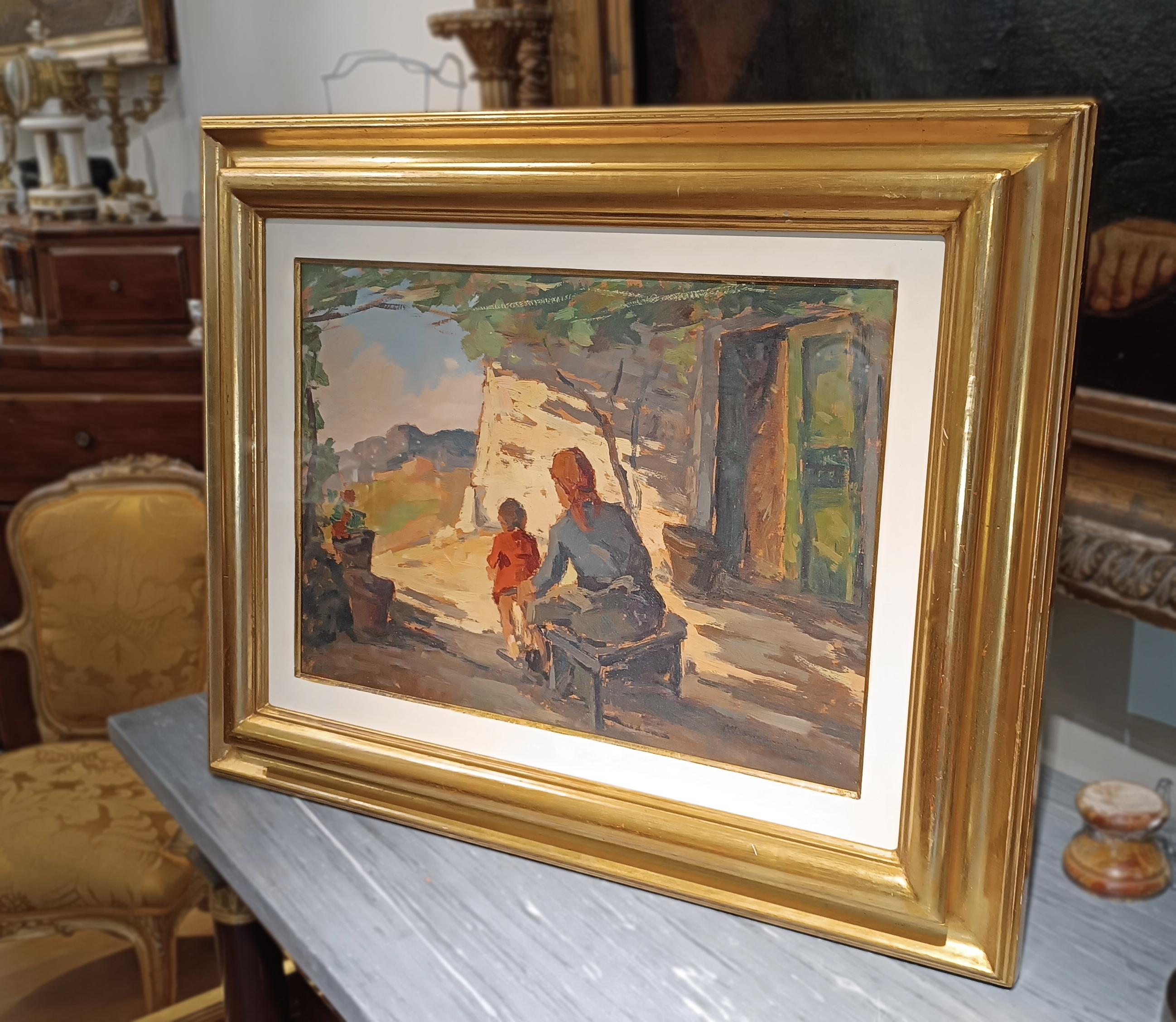 Oiled 20th CENTURY CARLO DOMENICI'S RURAL SCENE WITH WOMAN AND CHILD For Sale