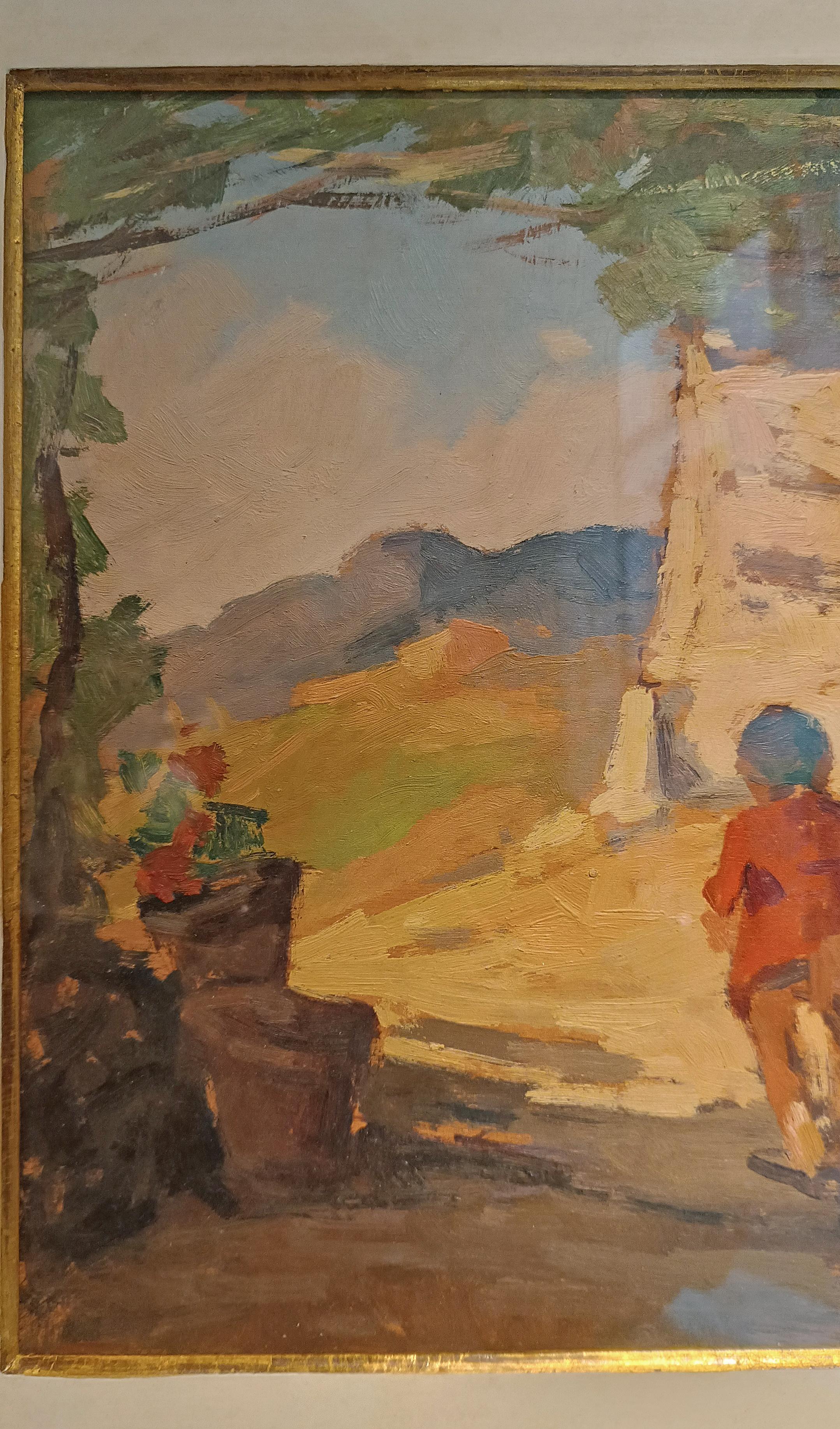 20th CENTURY CARLO DOMENICI'S RURAL SCENE WITH WOMAN AND CHILD In Good Condition For Sale In Firenze, FI