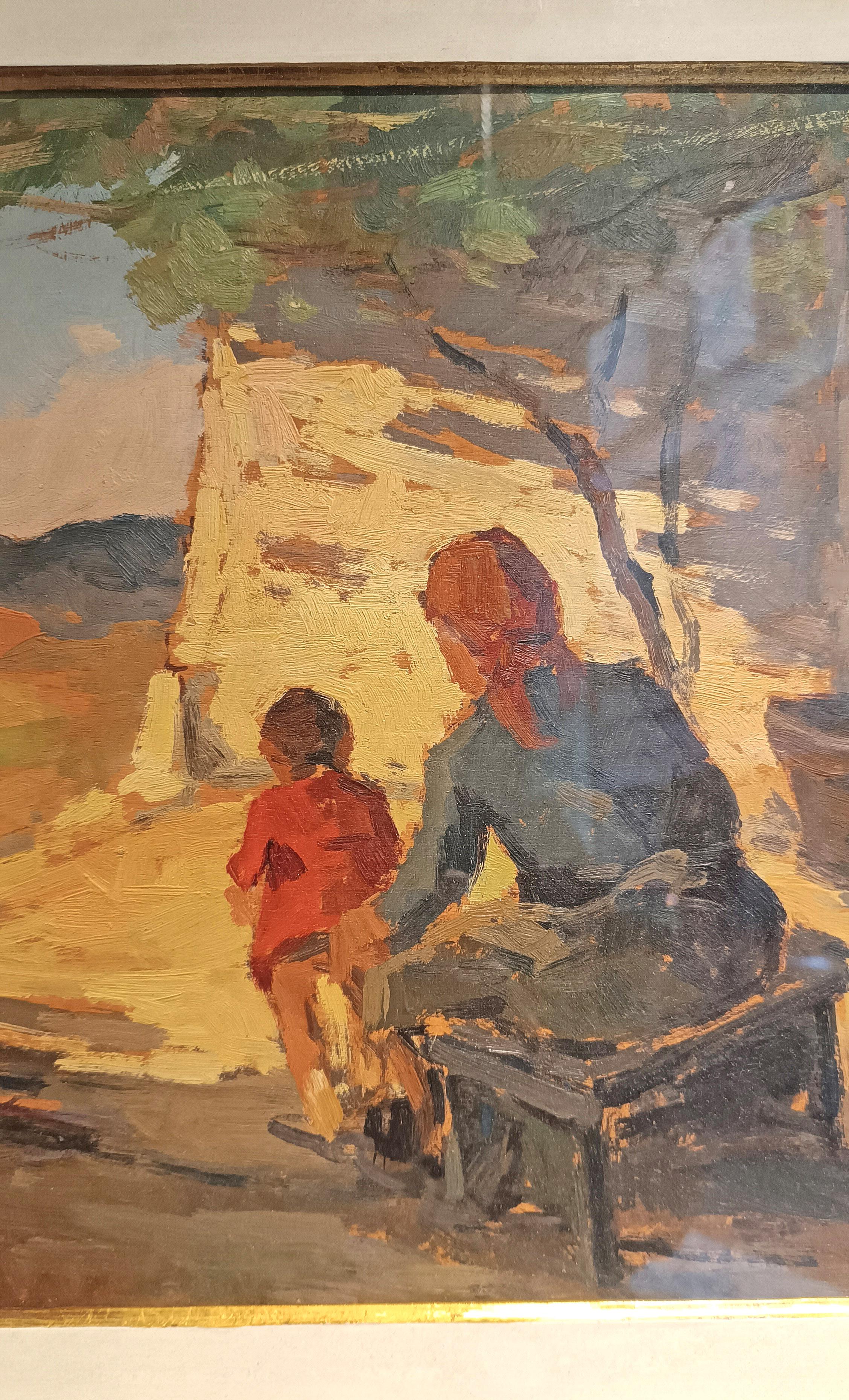 20th Century 20th CENTURY CARLO DOMENICI'S RURAL SCENE WITH WOMAN AND CHILD For Sale