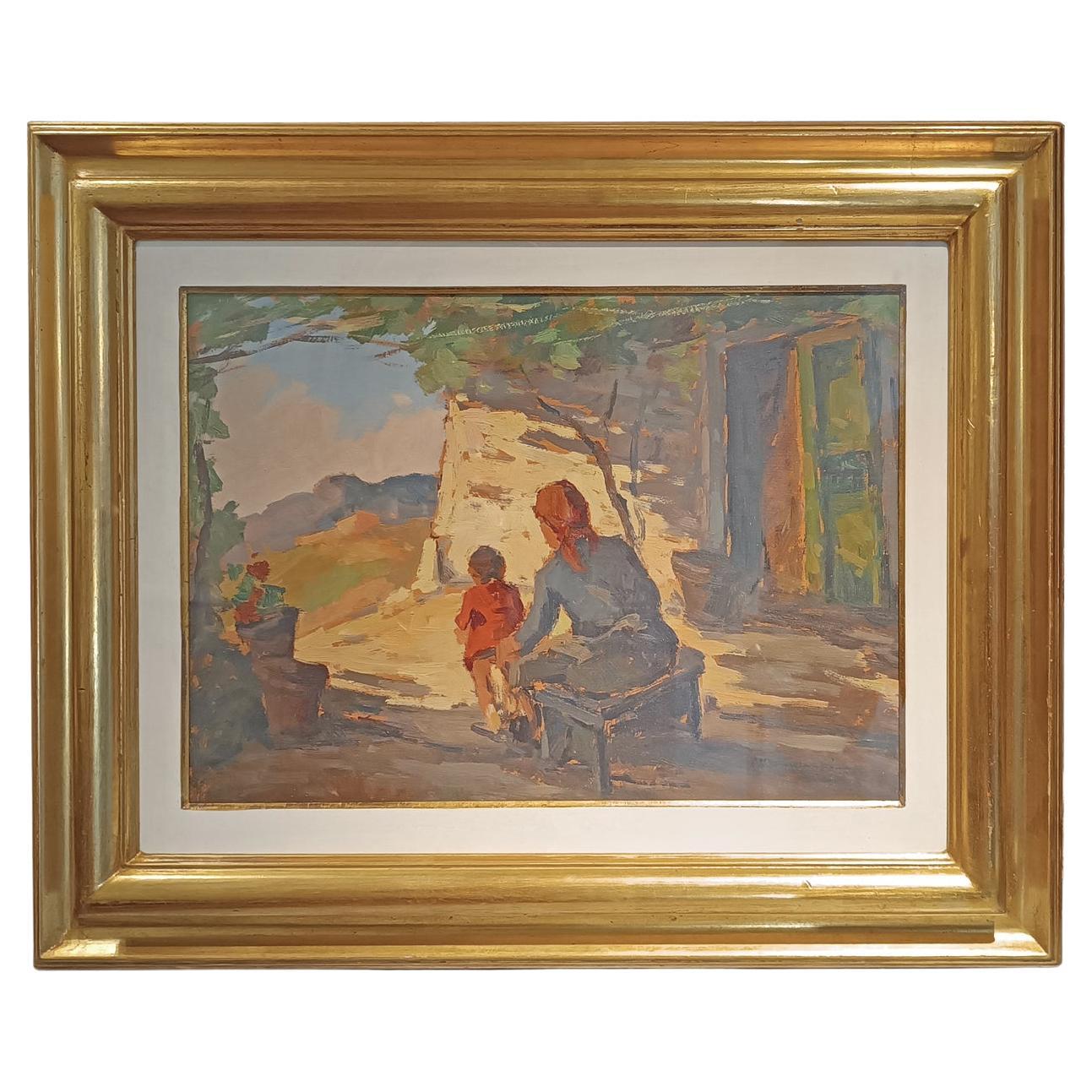 20th CENTURY CARLO DOMENICI'S RURAL SCENE WITH WOMAN AND CHILD For Sale