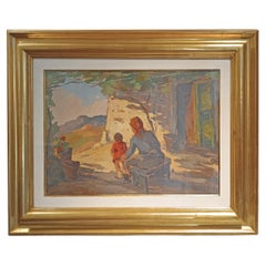 20e siècle CARLO DOMENICI SCÈNE RURALE AVEC FEMME ET ENFANT