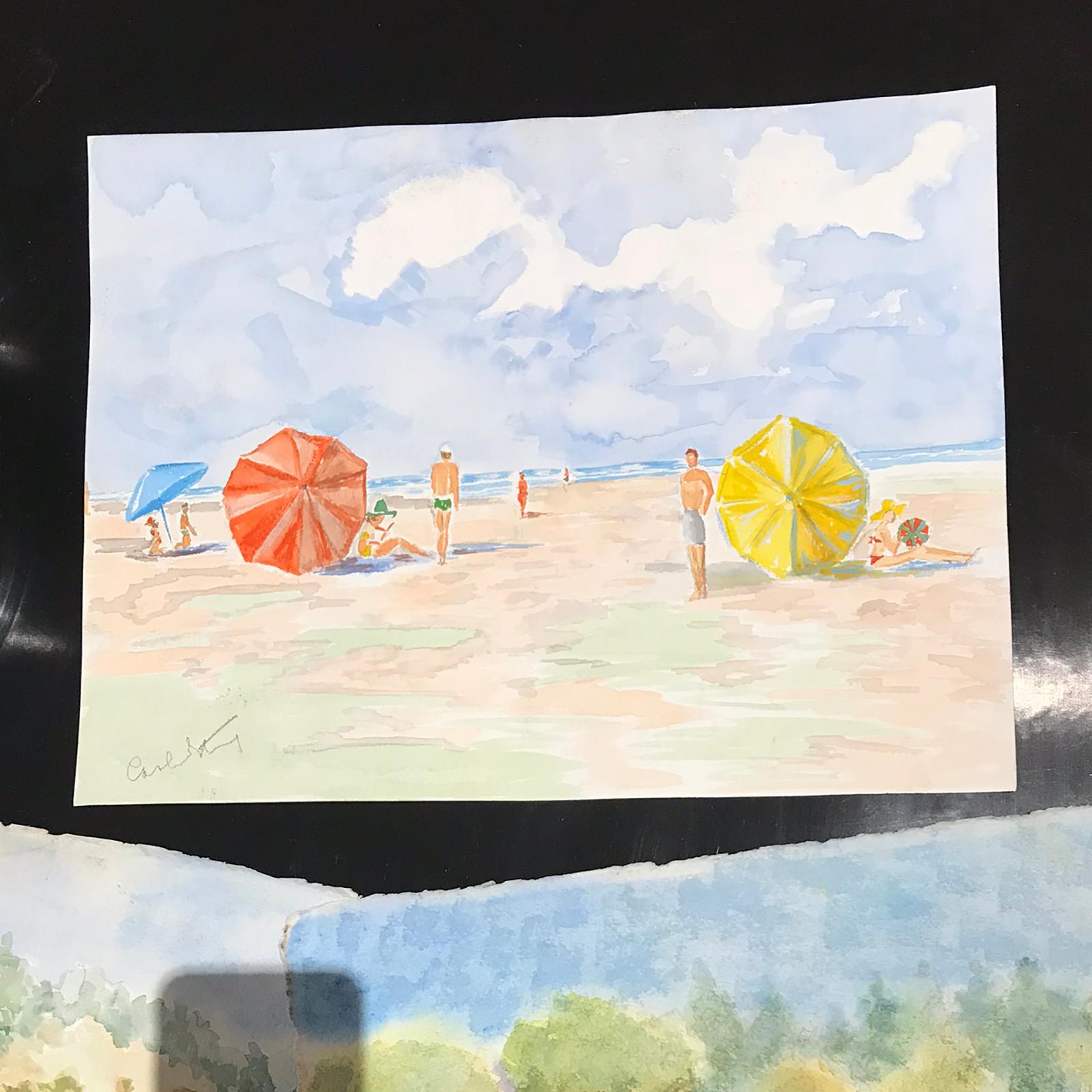 20th century Carole Stribling beach scene watercolor.