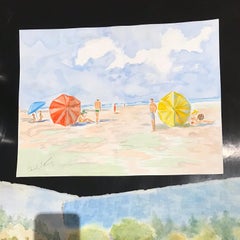 20th Century Carole Stribling Beach Scene Watercolor