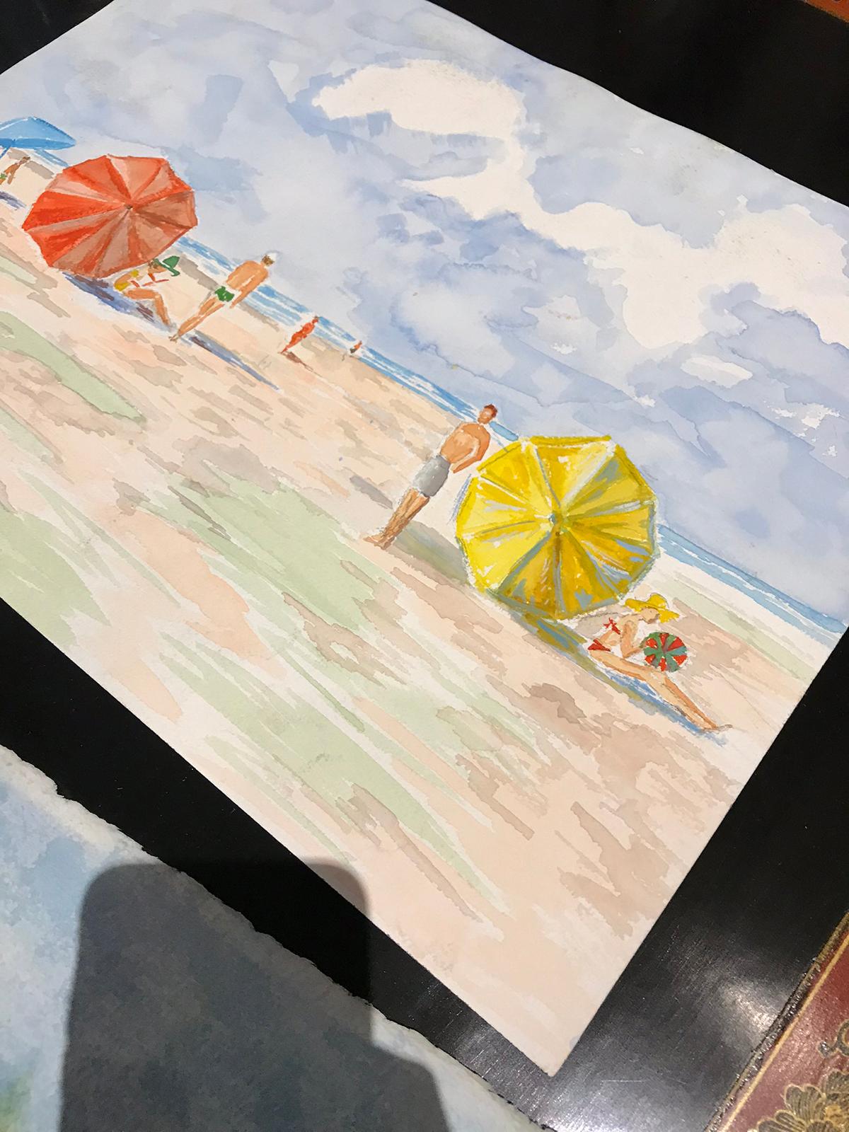 20th Century Carole Stribling Beach Scene Watercolor In Good Condition In Atlanta, GA
