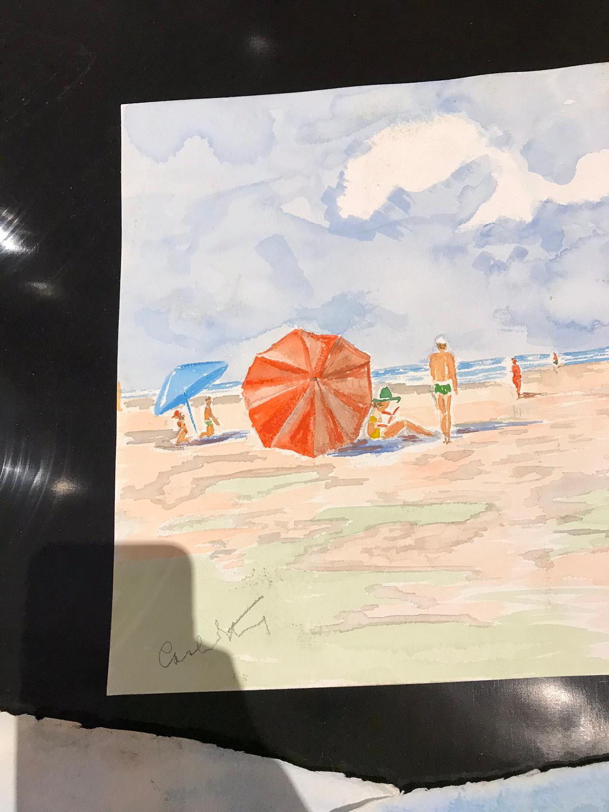 Paint 20th Century Carole Stribling Beach Scene Watercolor