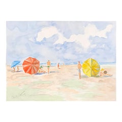 20th Century Carole Stribling Beach Scene Watercolor