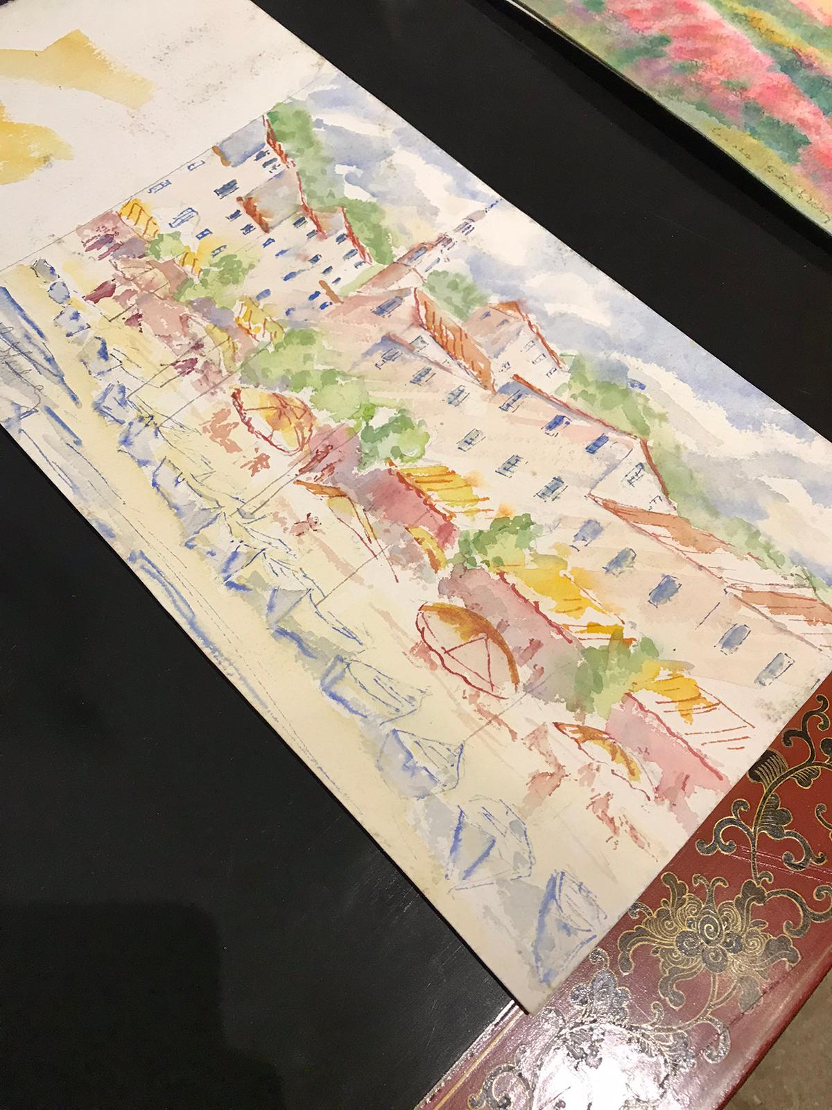 20th Century Carole Stribling Town by The Beach Watercolor In Good Condition In Atlanta, GA