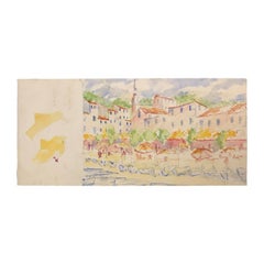 20th Century Carole Stribling Town by The Beach Watercolor