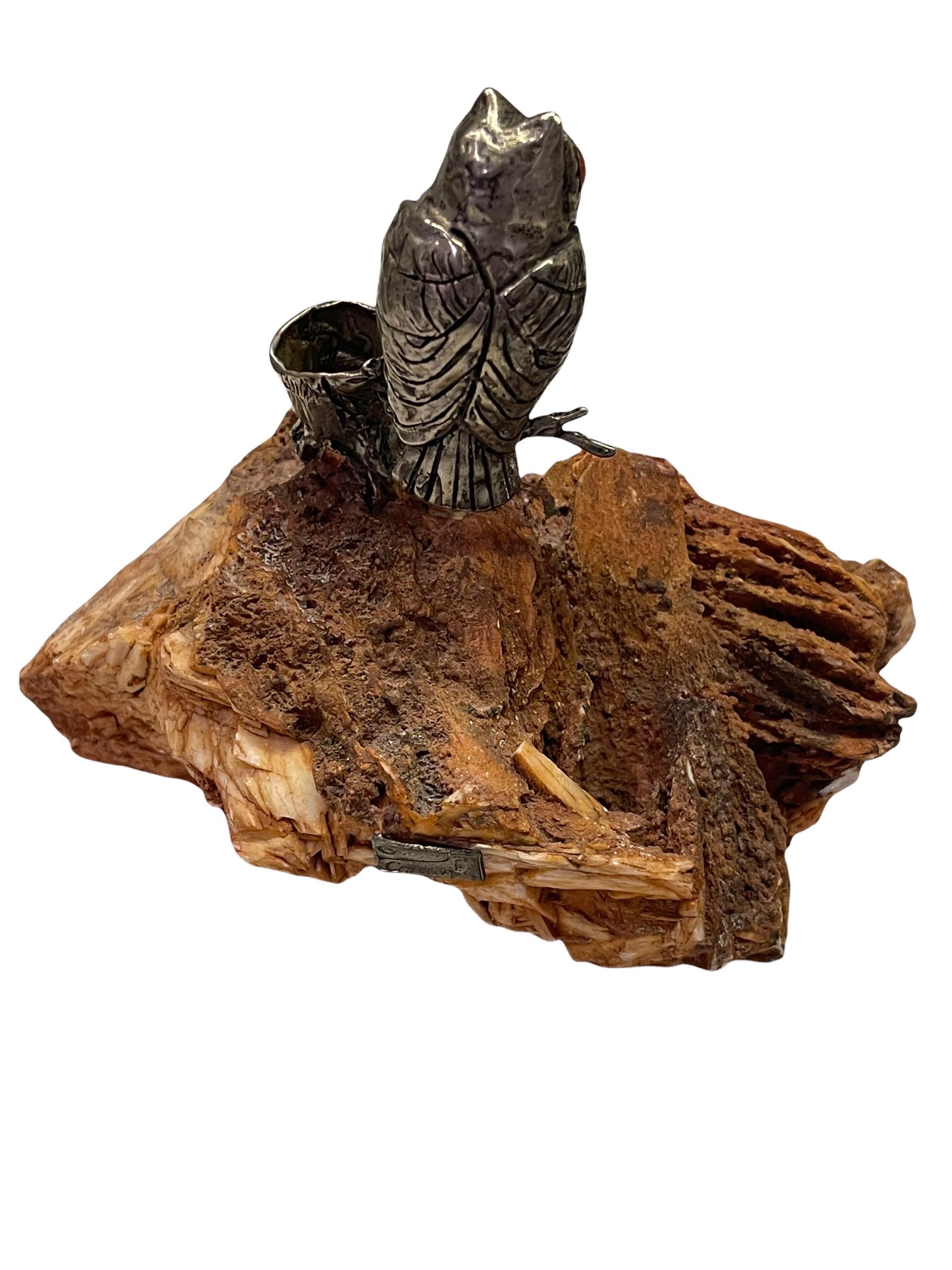20th Century Cartier Sterling Silver Owl Figurine Perched on a Trunk. In Fair Condition For Sale In North Miami, FL