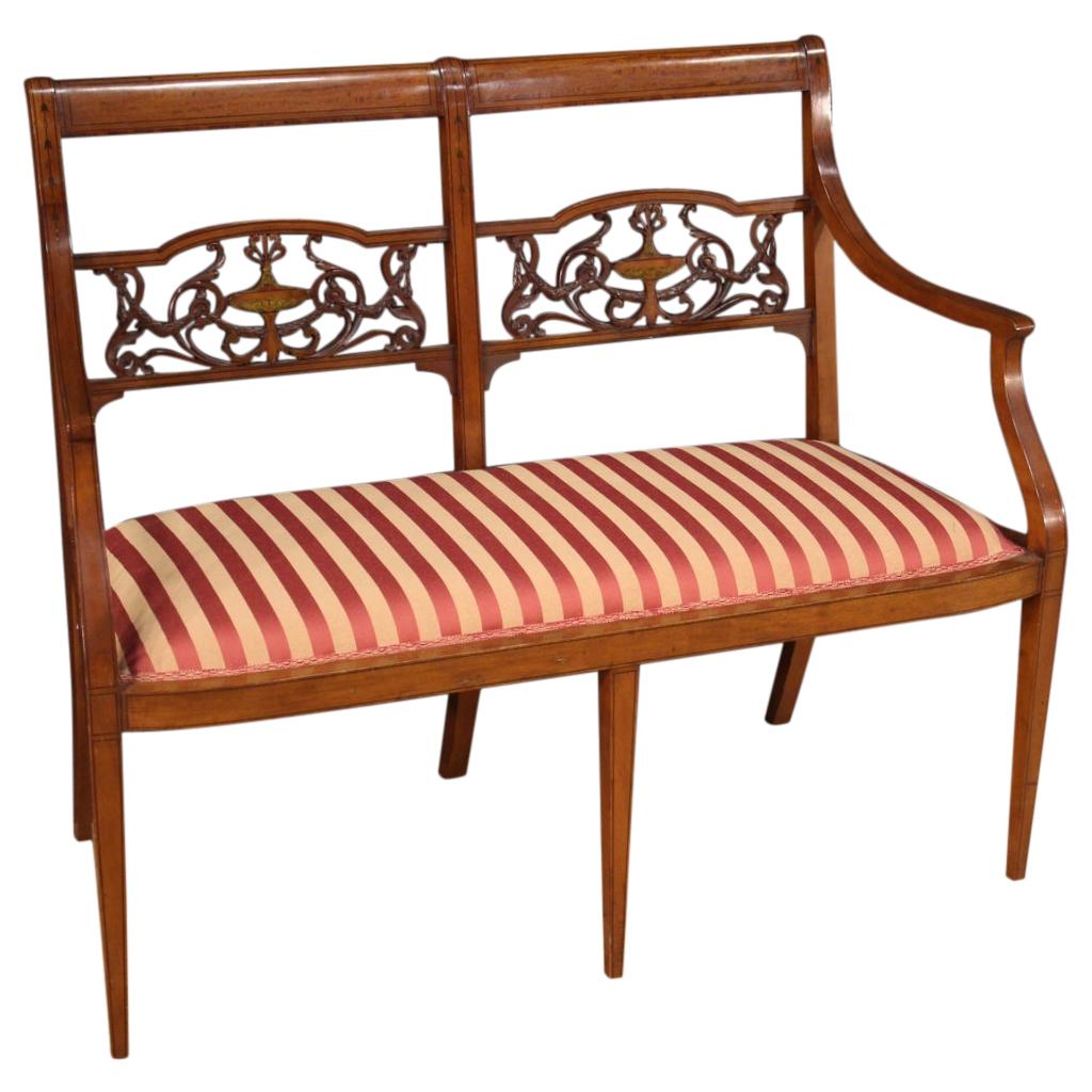 20th Century Carved and Inlaid Cherry Wood and Fabric English Sofa, 1950