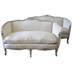 Antique 20th Century Carved and Painted Settee Upholstered in Belgian Linen