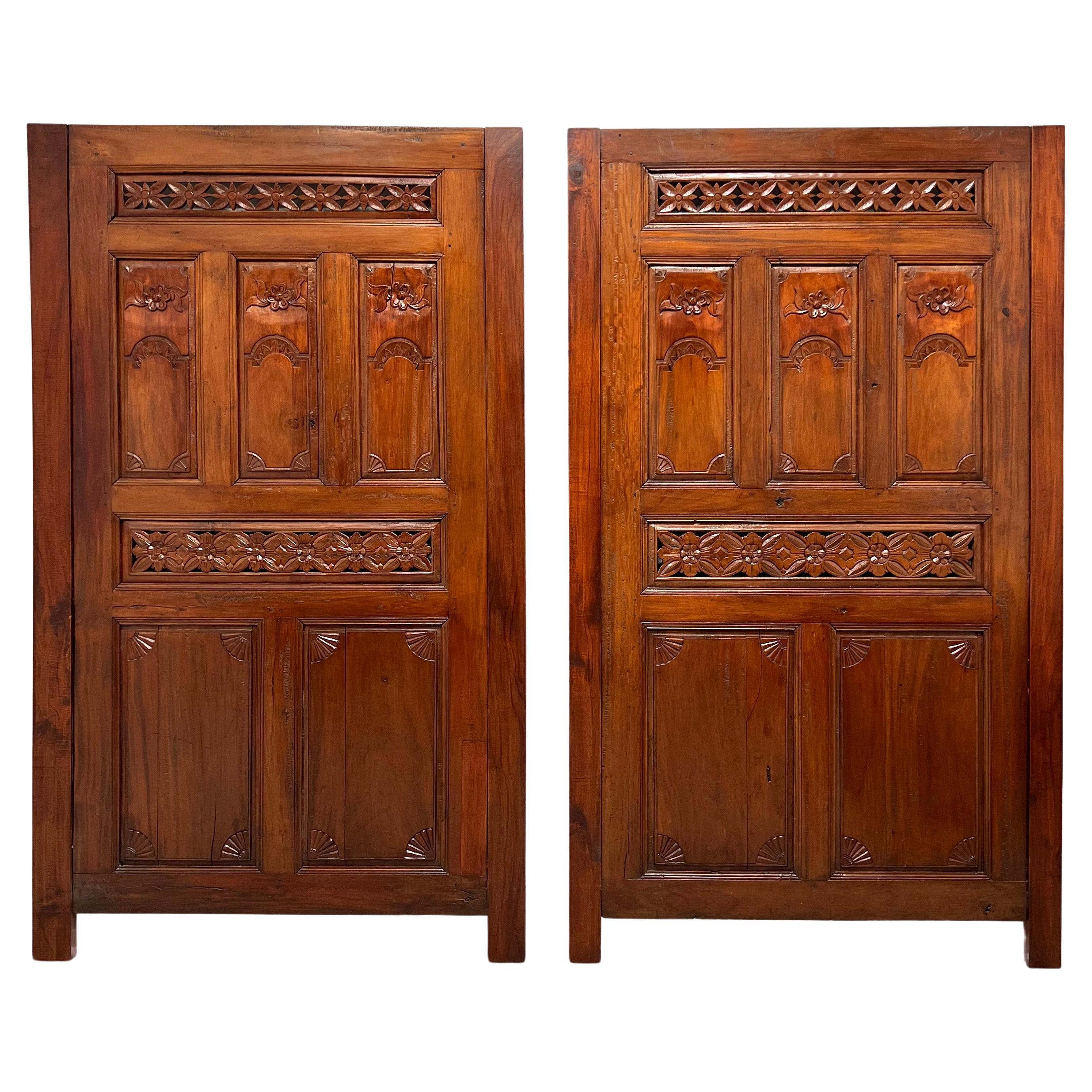 20th Century Carved Balinese Mahogany Doors Converted to Headboards - Pair For Sale