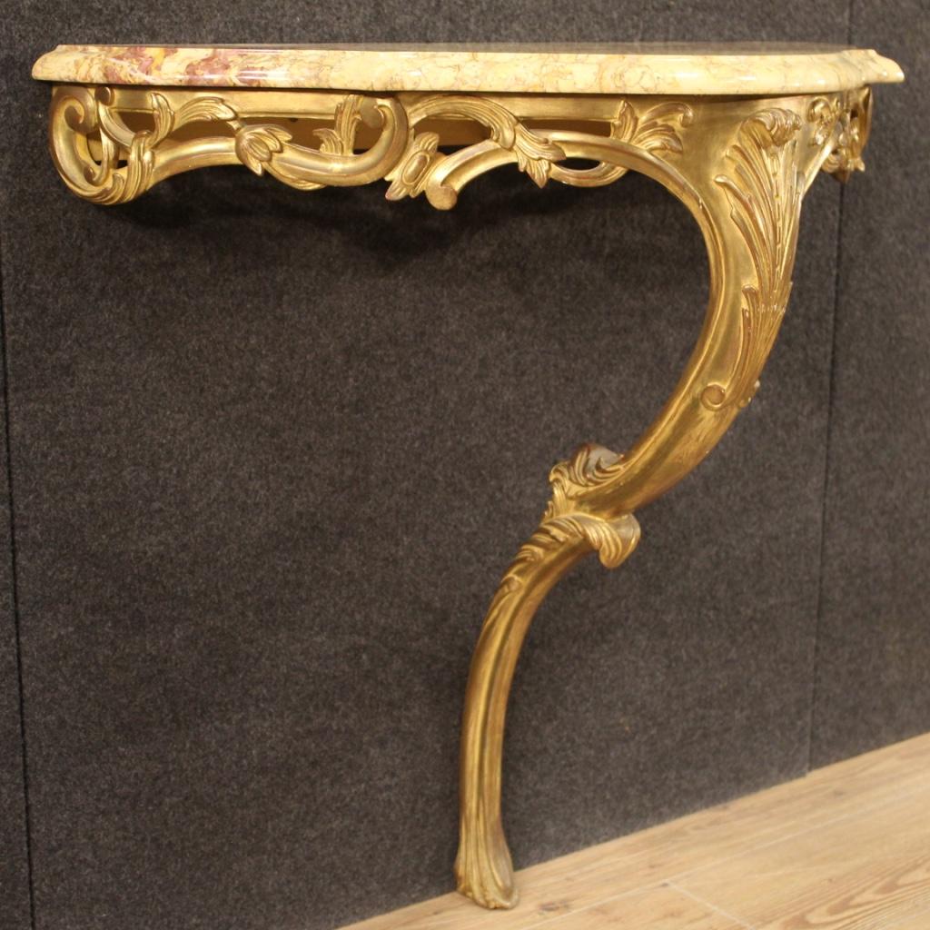 20th Century Carved, Chiseled, Gilded Wood and Marble Top French Console, 1960 6
