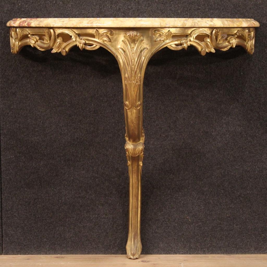 Gilt 20th Century Carved, Chiseled, Gilded Wood and Marble Top French Console, 1960