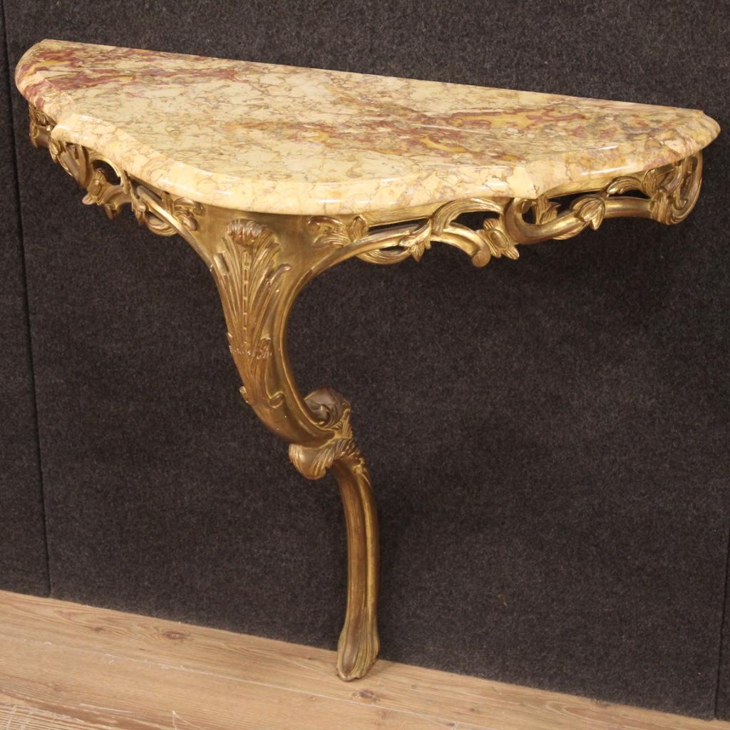 20th Century Carved, Chiseled, Gilded Wood and Marble Top French Console, 1960 In Good Condition In Vicoforte, Piedmont
