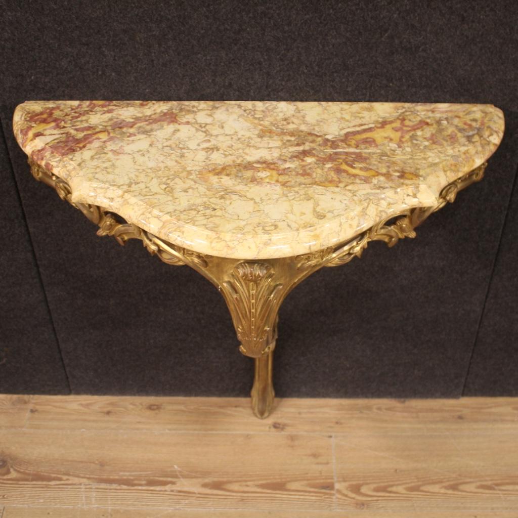 Mid-20th Century 20th Century Carved, Chiseled, Gilded Wood and Marble Top French Console, 1960