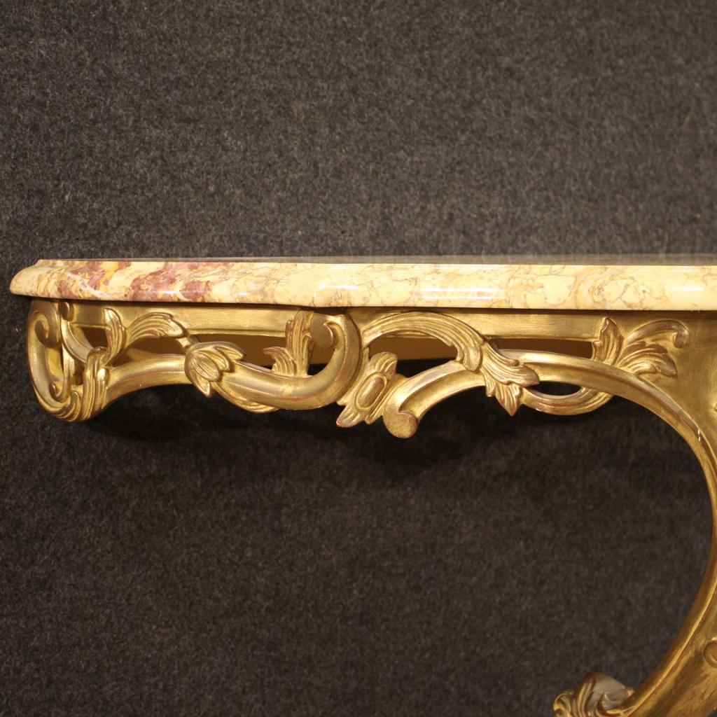 20th Century Carved, Chiseled, Gilded Wood and Marble Top French Console, 1960 1