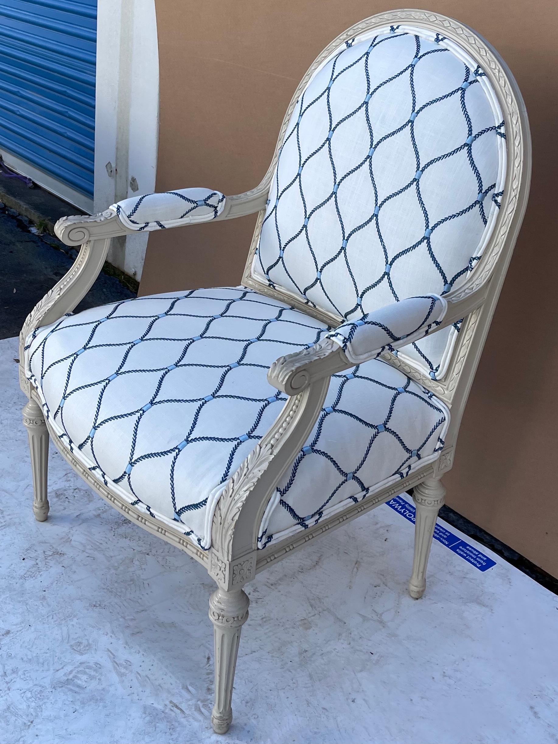 American 20th Century Carved French Style Chairs In Blue And White Travers Fabric, Pair For Sale