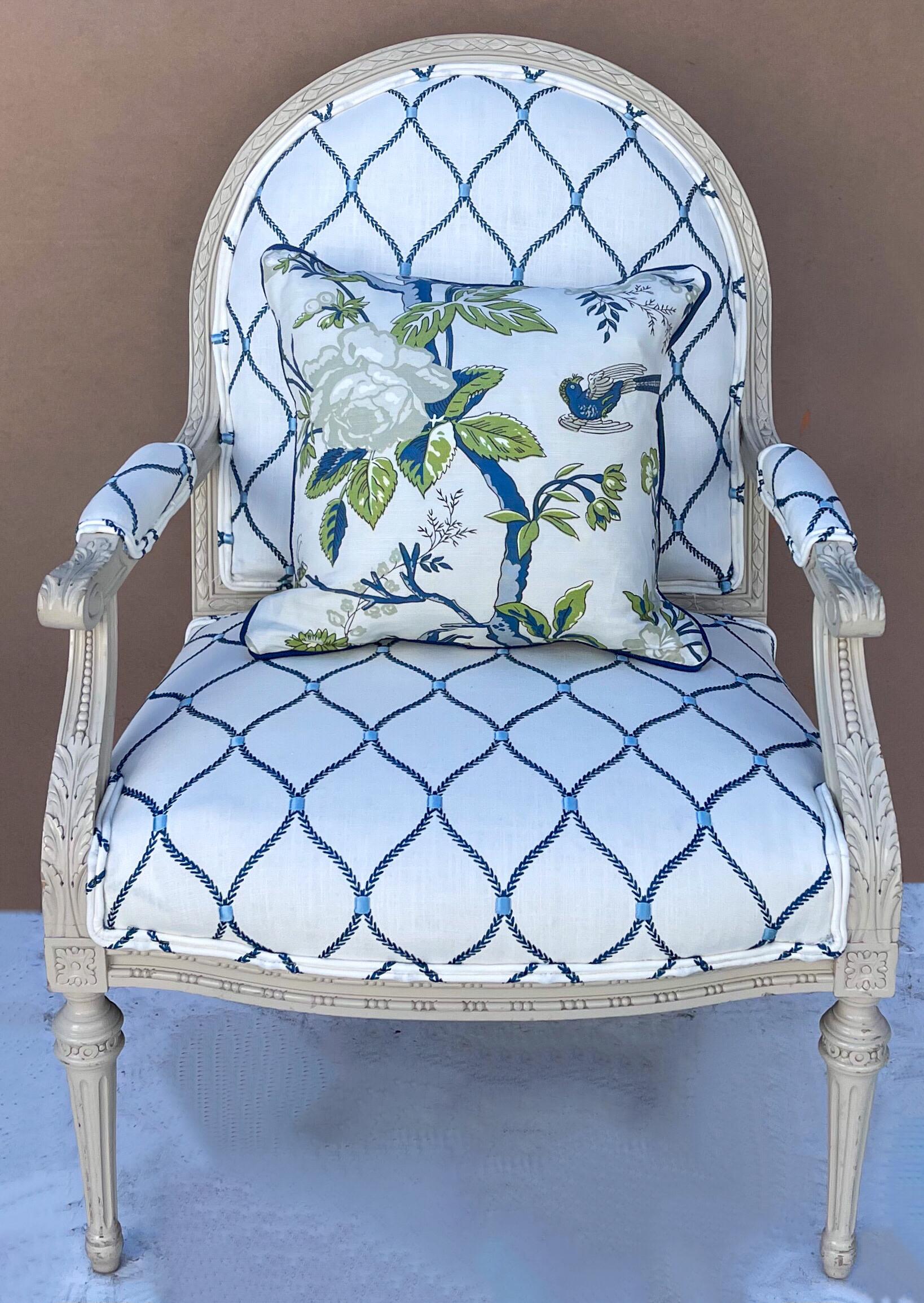Upholstery 20th Century Carved French Style Chairs In Blue And White Travers Fabric, Pair For Sale