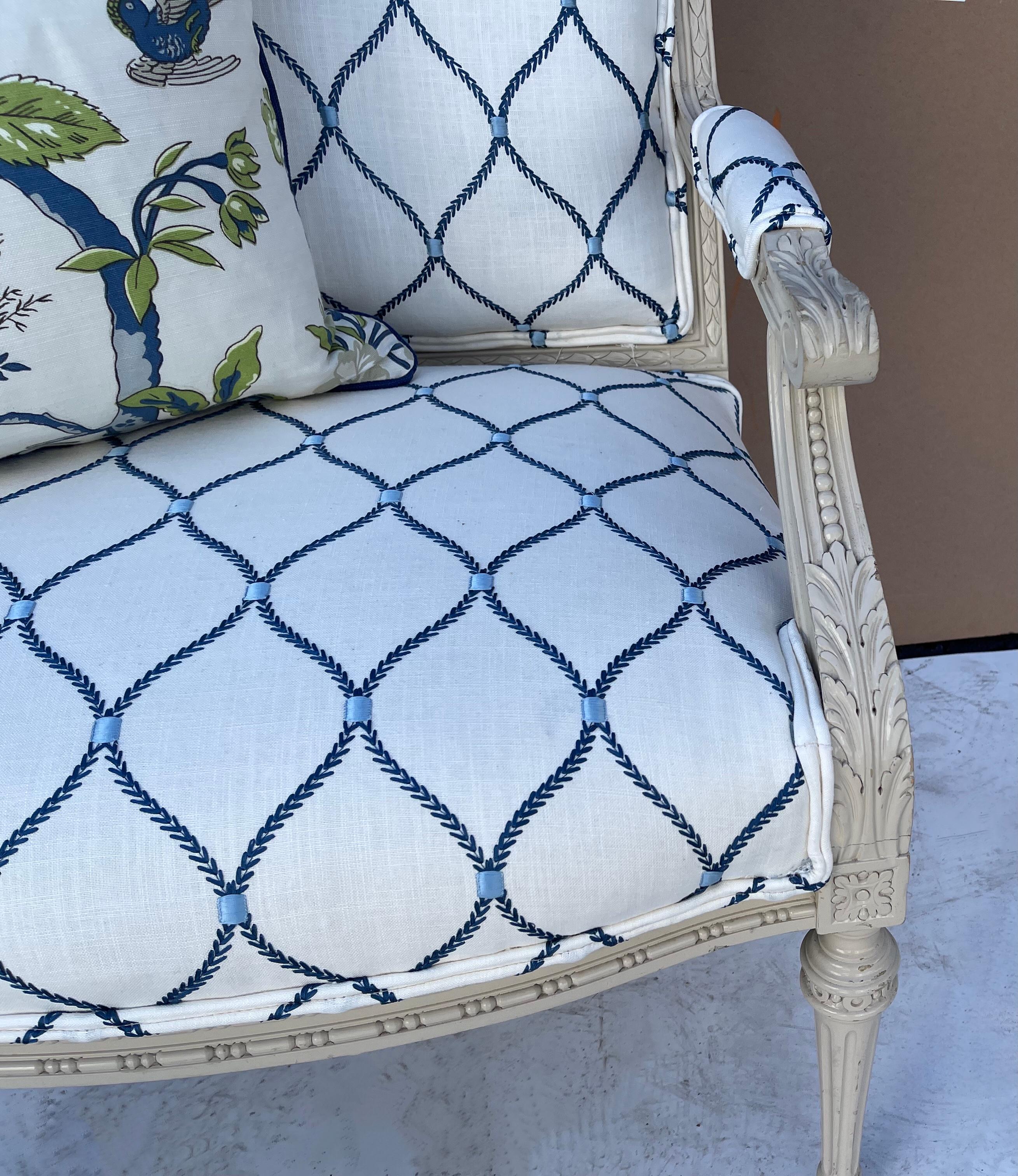 20th Century Carved French Style Chairs In Blue And White Travers Fabric, Pair For Sale 2