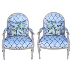 20th Century Carved French Style Chairs In Blue And White Travers Fabric, Pair
