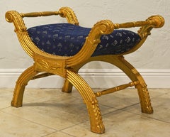 20th Century Carved Giltwood Classical Curule Style Upholstered Bench