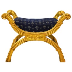 20th Century Carved Giltwood Classical Curule Style Upholstered Bench