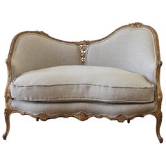 20th Century Carved Giltwood Settee Upholstered in Irish Nubby Natural Linen