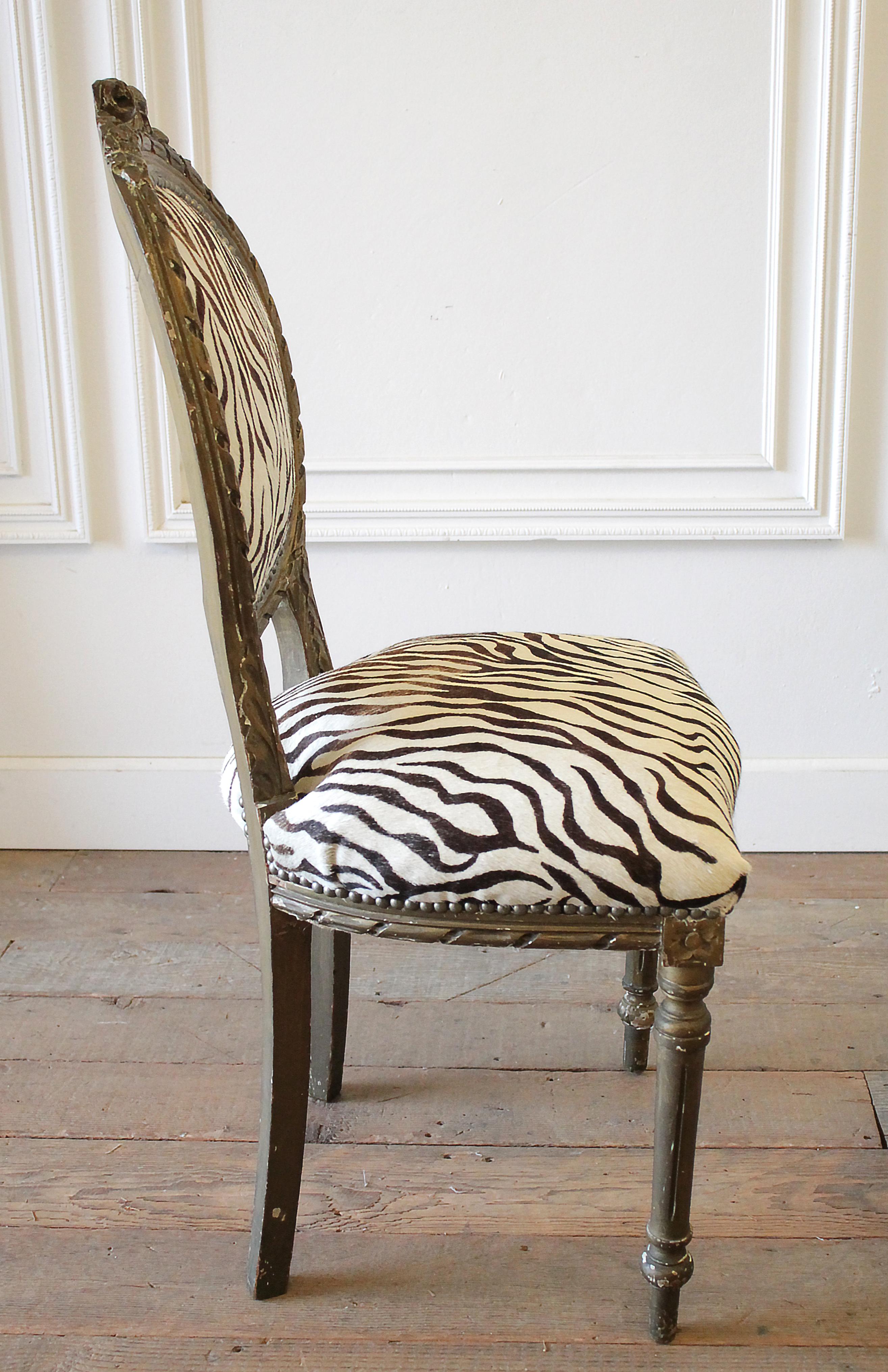 20th Century Carved Giltwood Zebra Upholstered Louis XVI Style Chairs 6