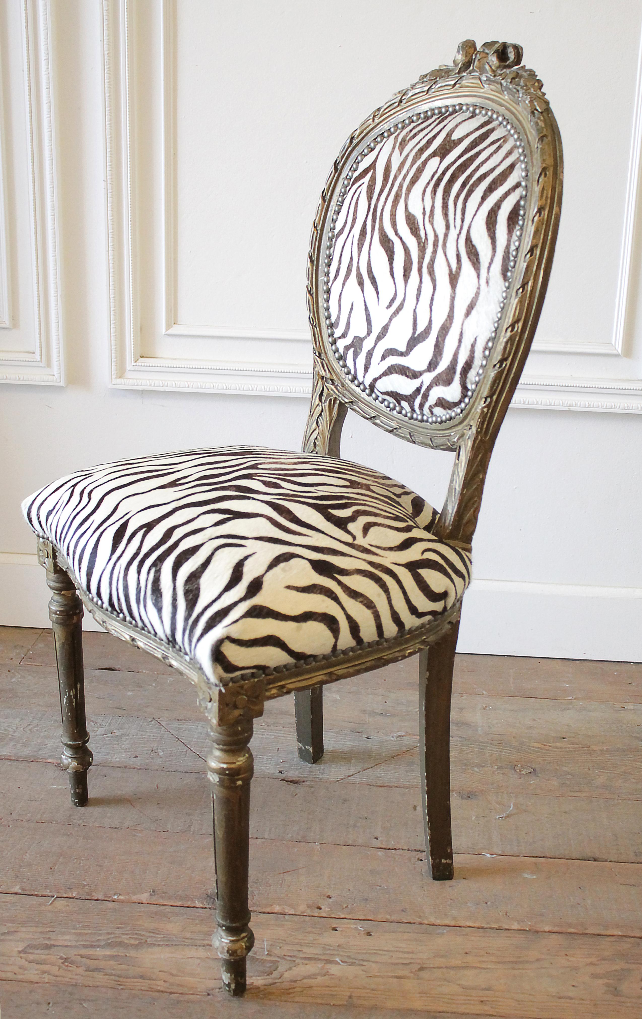 20th Century Carved Giltwood Zebra Upholstered Louis XVI Style Chairs 7