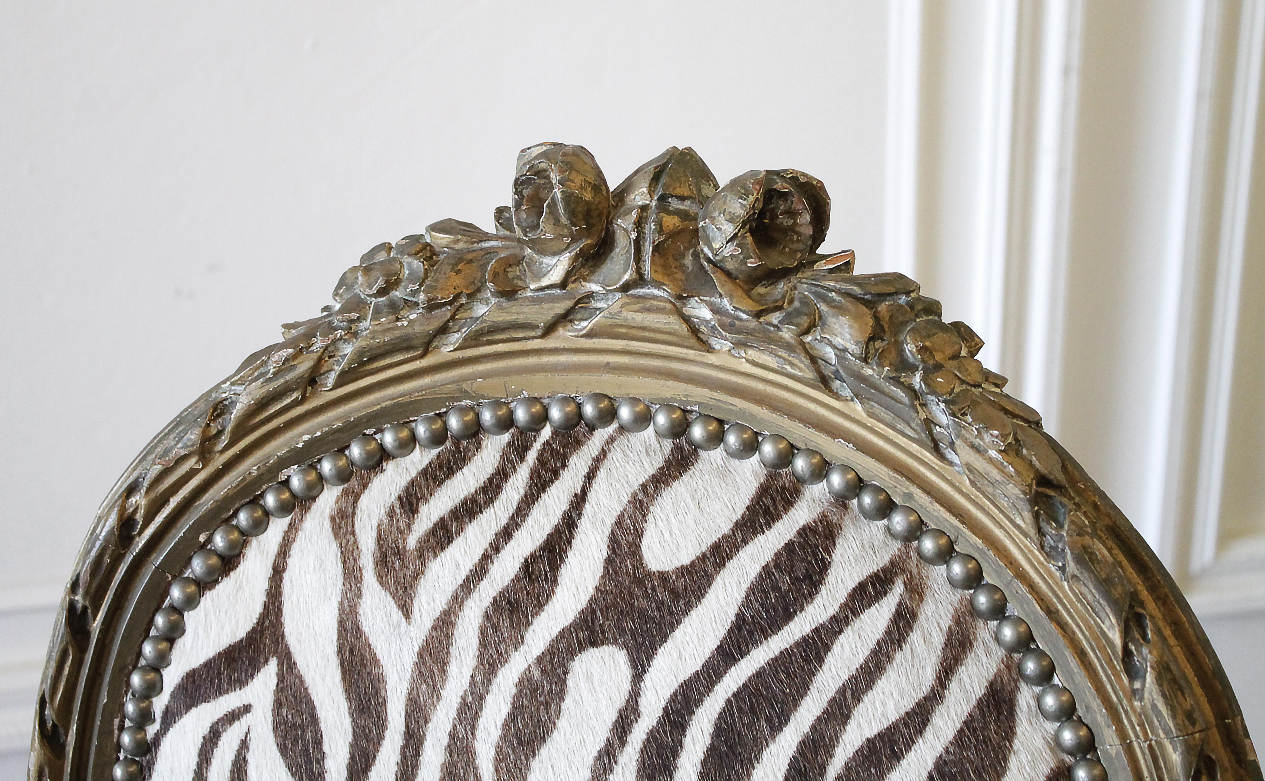 20th Century Carved Giltwood Zebra Upholstered Louis XVI Style Chairs In Good Condition In Brea, CA