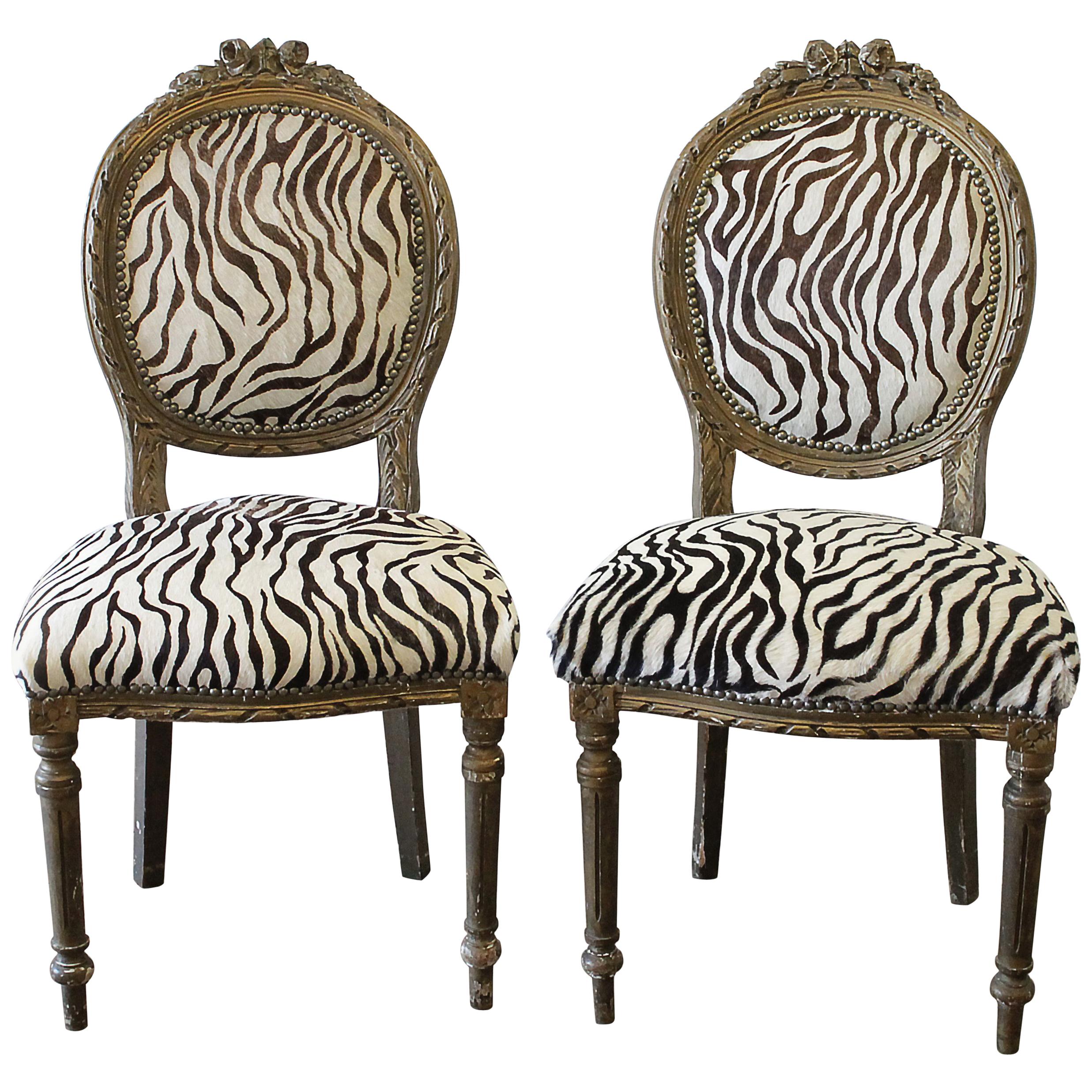 20th Century Carved Giltwood Zebra Upholstered Louis XVI Style Chairs