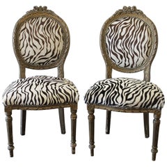 Vintage 20th Century Carved Giltwood Zebra Upholstered Louis XVI Style Chairs