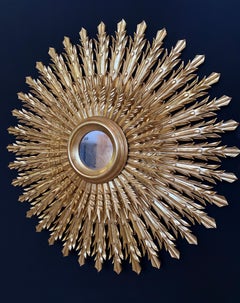 Hand-Carved Sunburst Mirror in Giltwood & Gold Leaf, Baroque Style, 180 cm