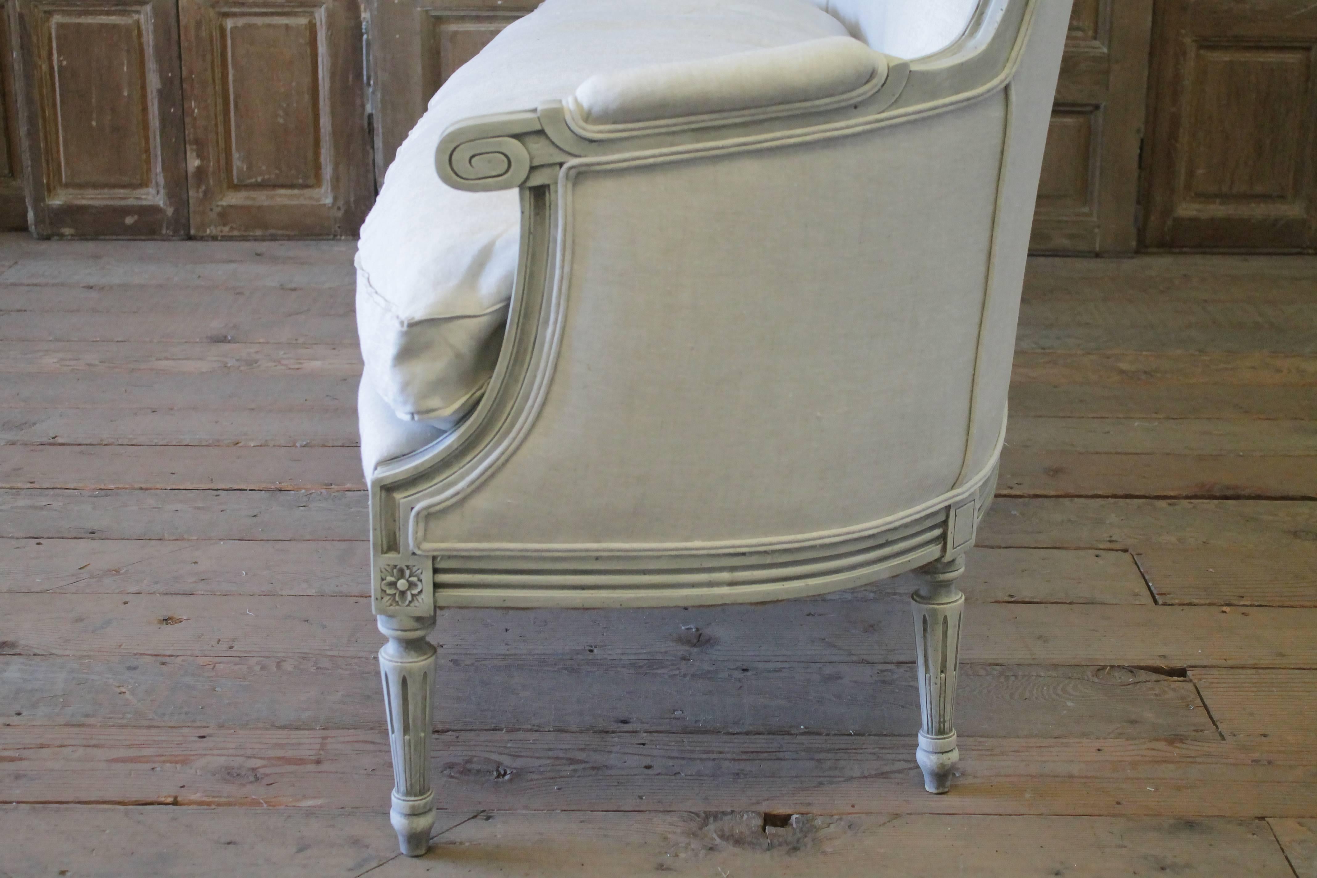 20th Century Carved Louis XVI Style Painted French Sofa Upholstered in Linen 8