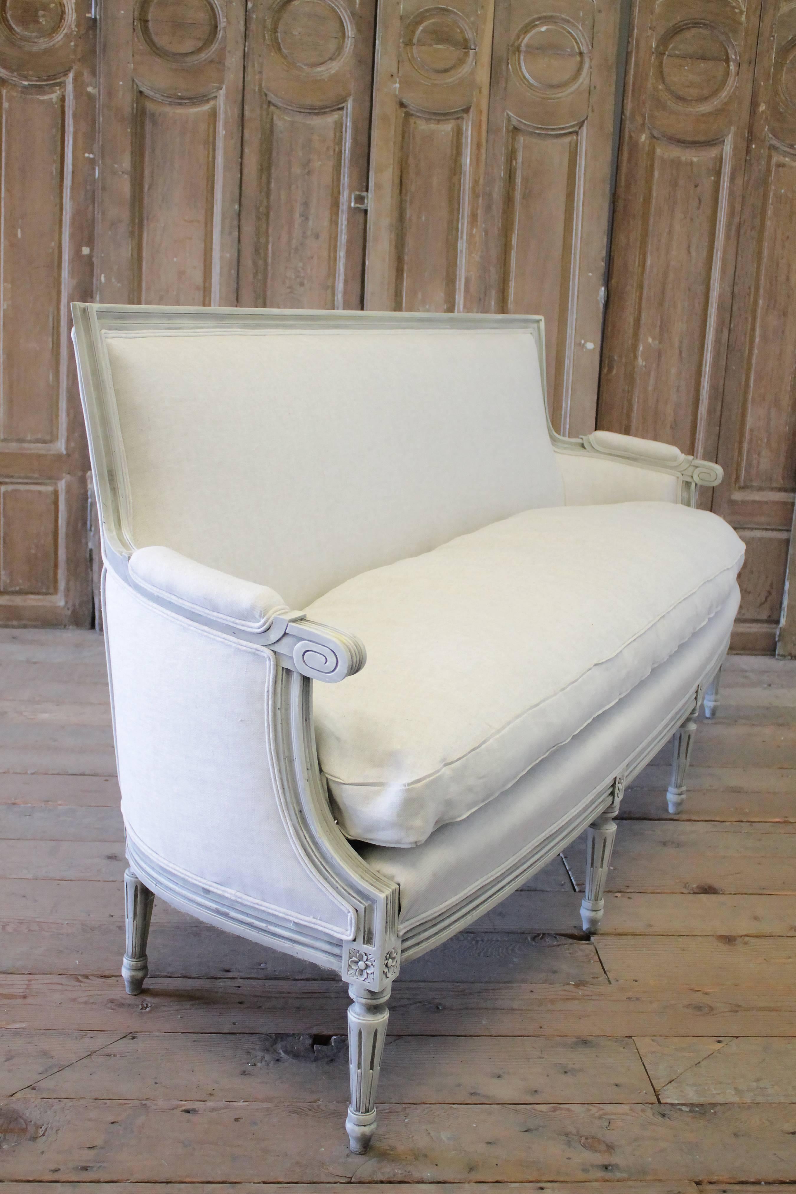20th Century Carved Louis XVI Style Painted French Sofa Upholstered in Linen 5