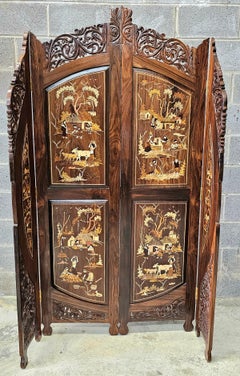 20th Century Carved Multi-Wood Marquetry Four-Panel Palatial Floor Screen