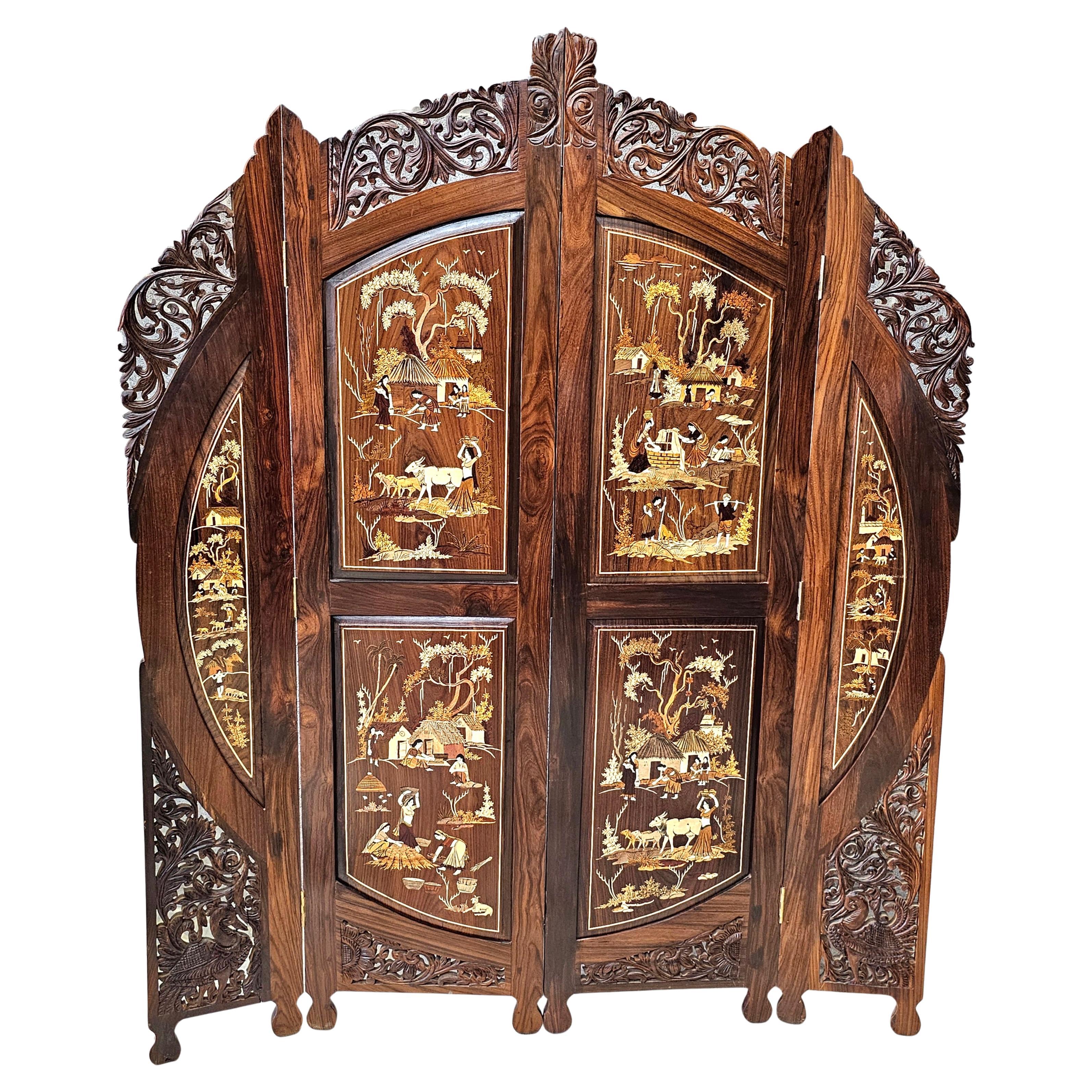 20th Century Carved Multi-Wood Marquetry Four-Panel Palatial Floor Screen