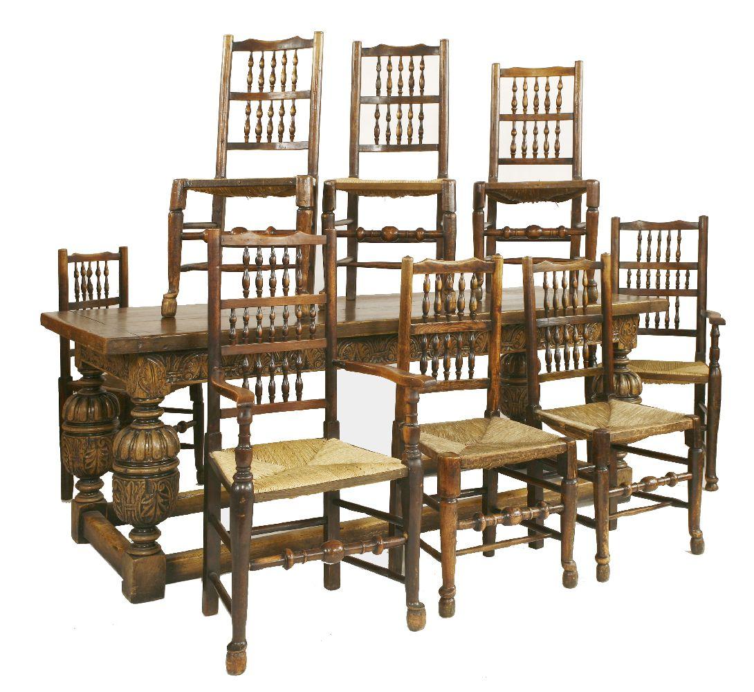 20th Century Carved Oak Refectory Table and 8 Lancashire Chairs