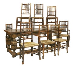 20th Century Carved Oak Refectory Table and 8 Lancashire Chairs