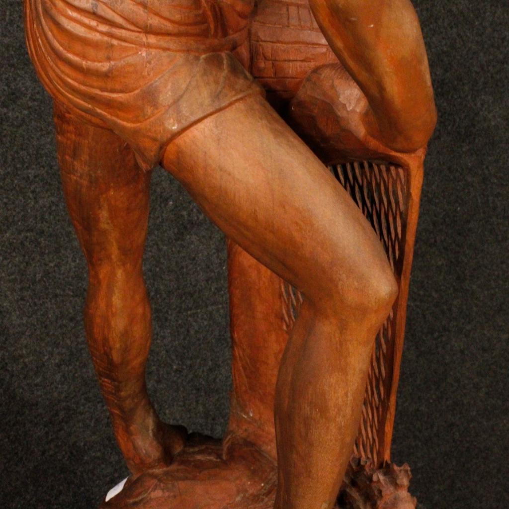 20th Century Carved Red Wood Oriental Object Sculpture Fisherman Statue, 1960s For Sale 5