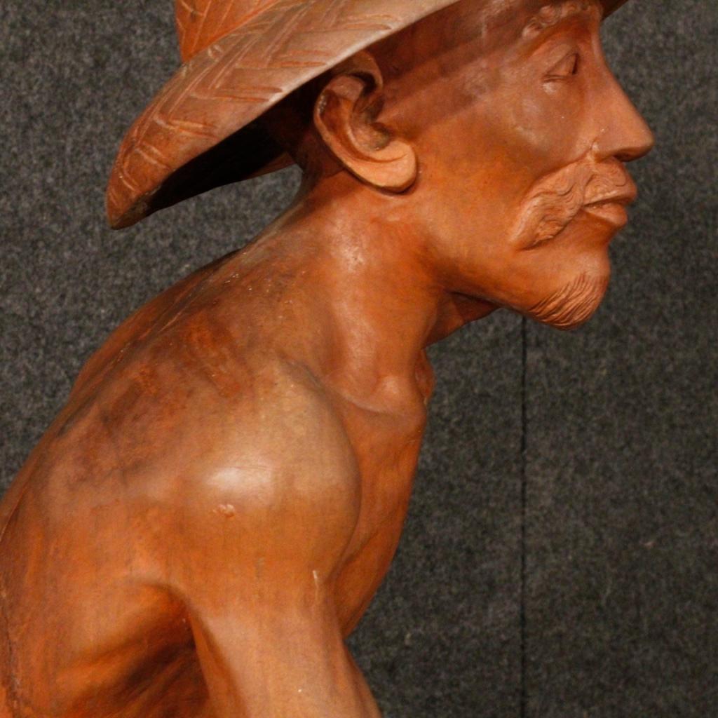 20th Century Carved Red Wood Oriental Object Sculpture Fisherman Statue, 1960s For Sale 6