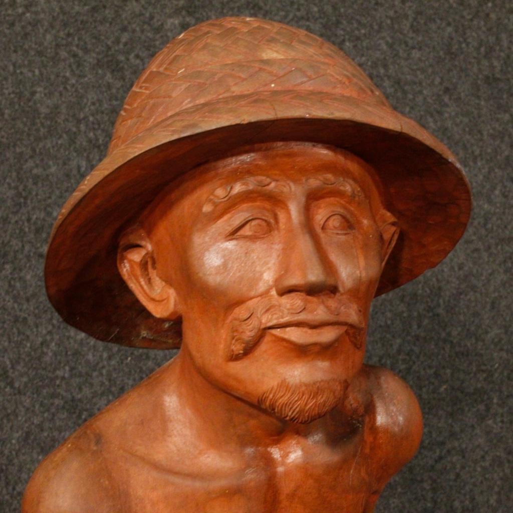 Chinese 20th Century Carved Red Wood Oriental Object Sculpture Fisherman Statue, 1960s For Sale