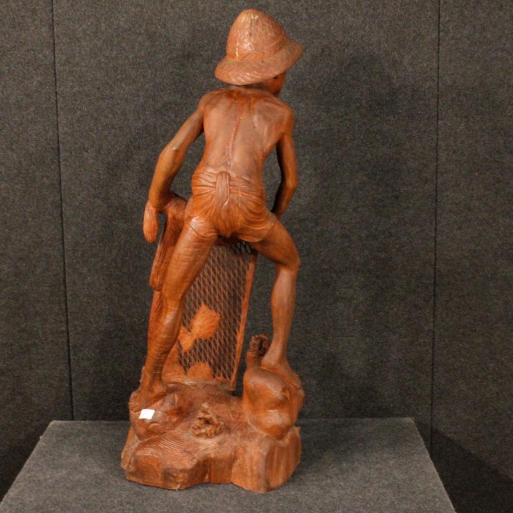 Mid-20th Century 20th Century Carved Red Wood Oriental Object Sculpture Fisherman Statue, 1960s For Sale