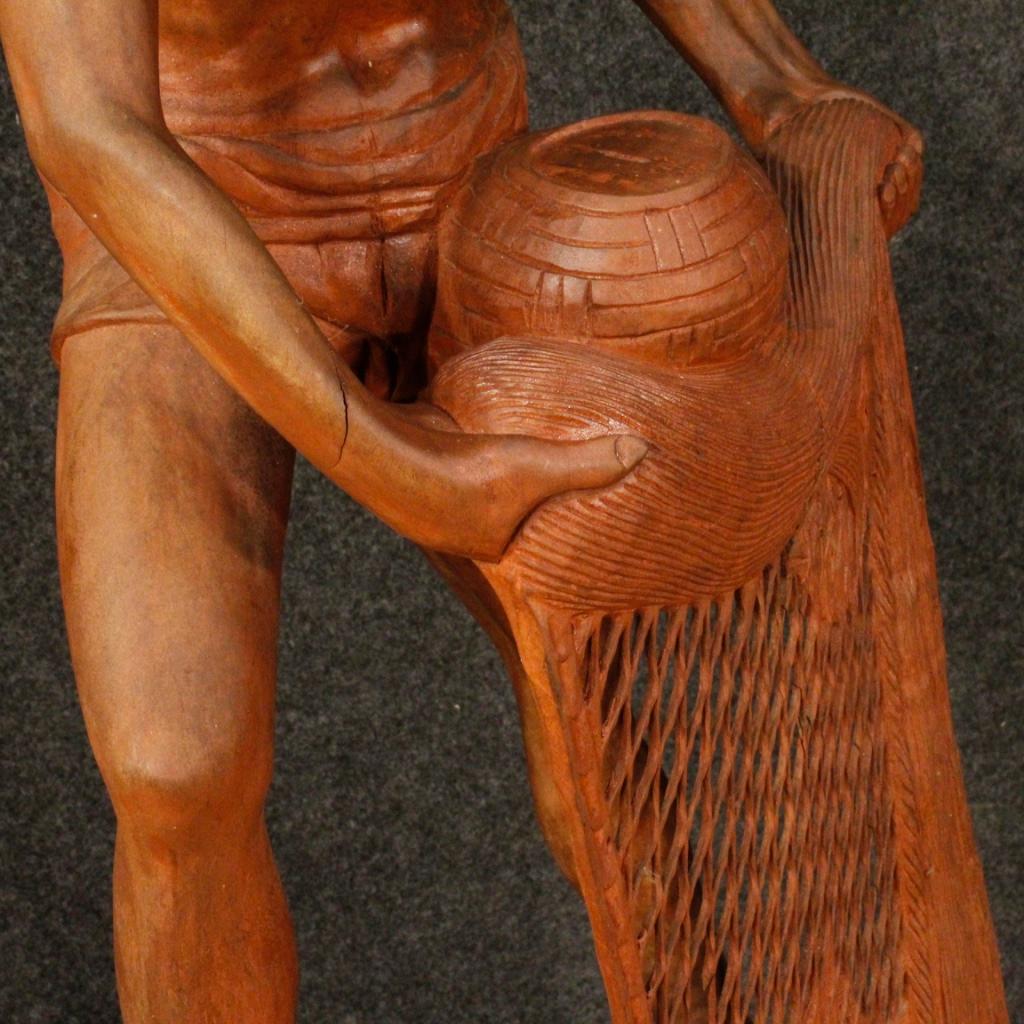 20th Century Carved Red Wood Oriental Object Sculpture Fisherman Statue, 1960s For Sale 4