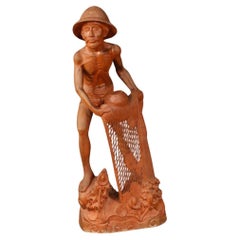 Retro 20th Century Carved Red Wood Oriental Object Sculpture Fisherman Statue, 1960s