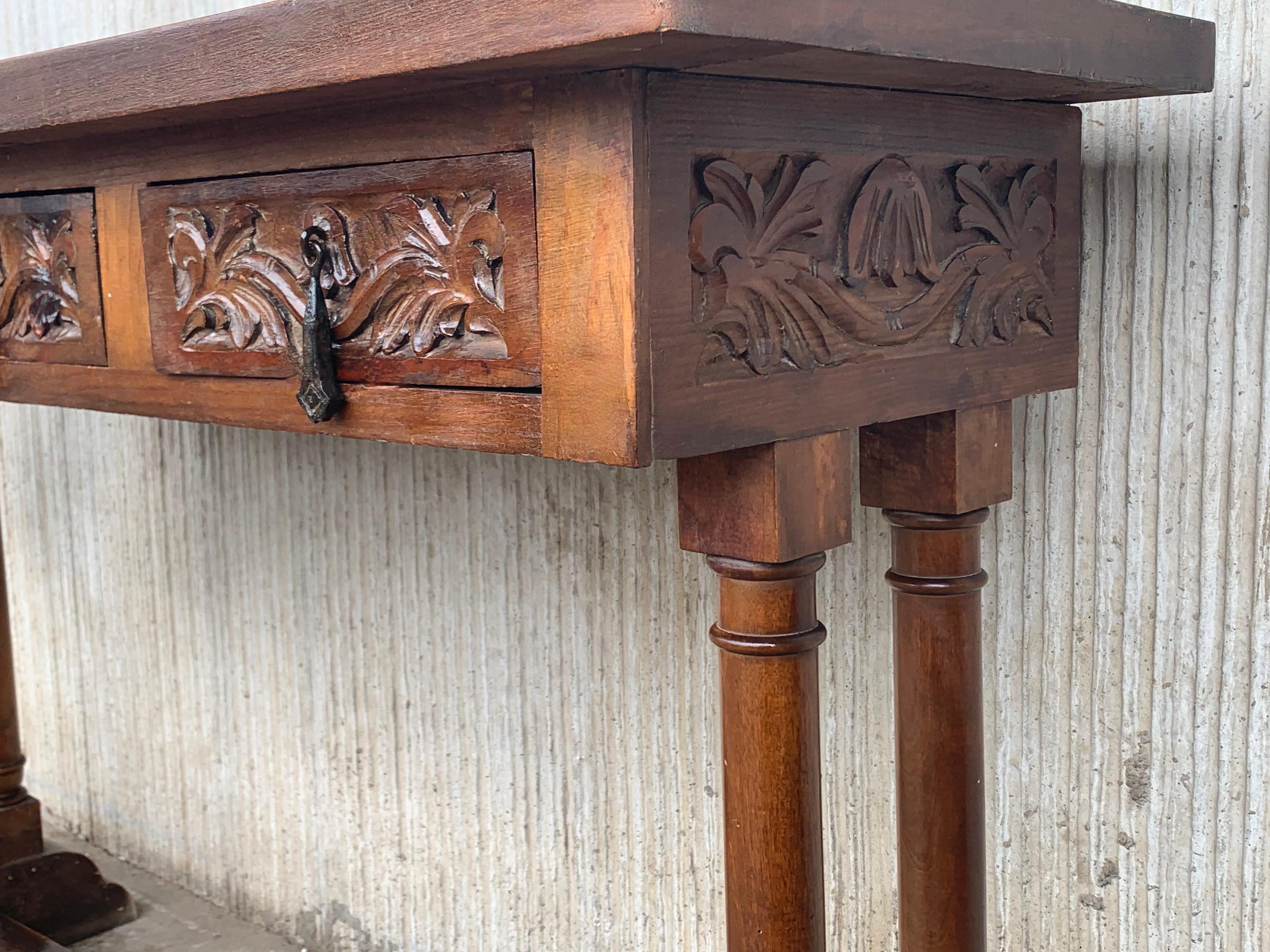 20th Century Carved Three-Drawer Spanish Walnut Console Table with Iron Hardware 3
