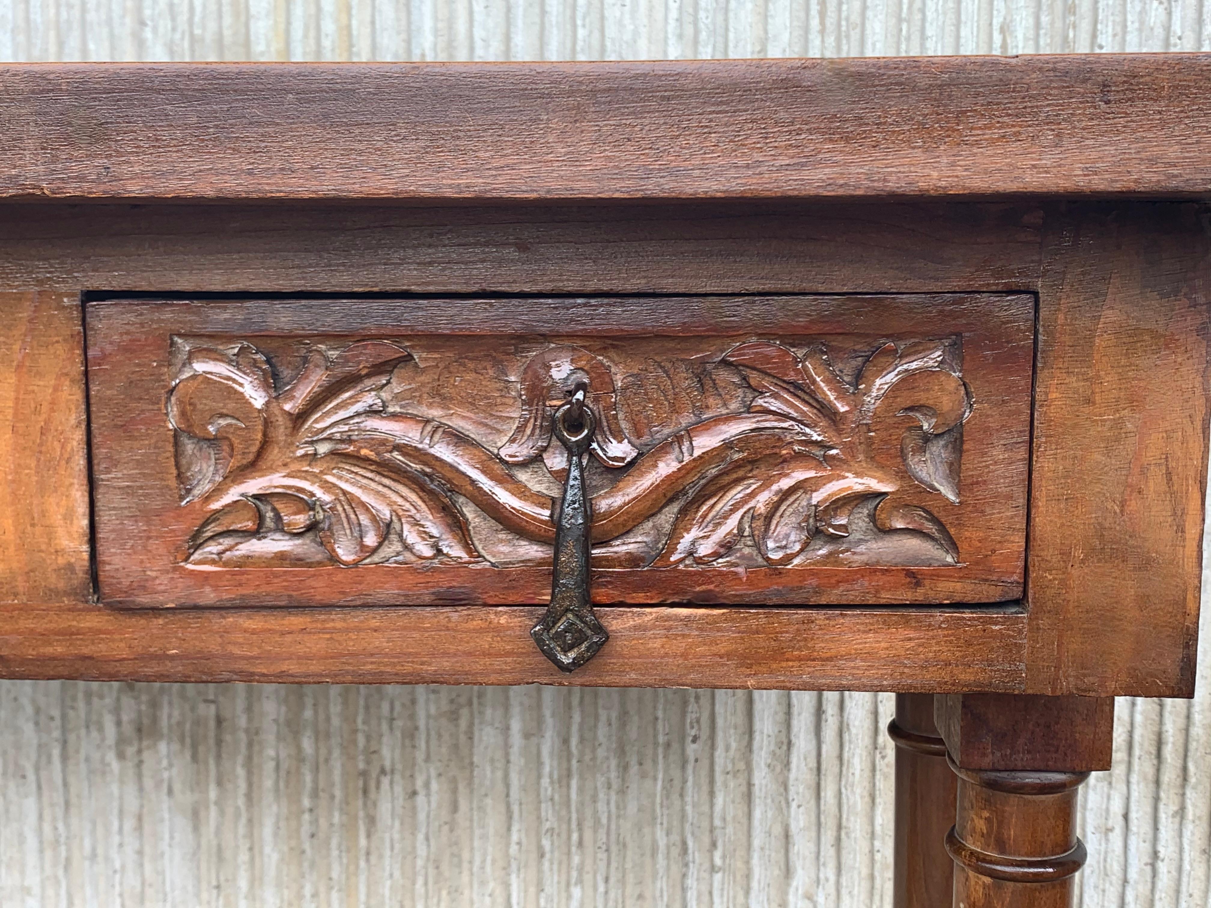 20th Century Carved Three-Drawer Spanish Walnut Console Table with Iron Hardware 4