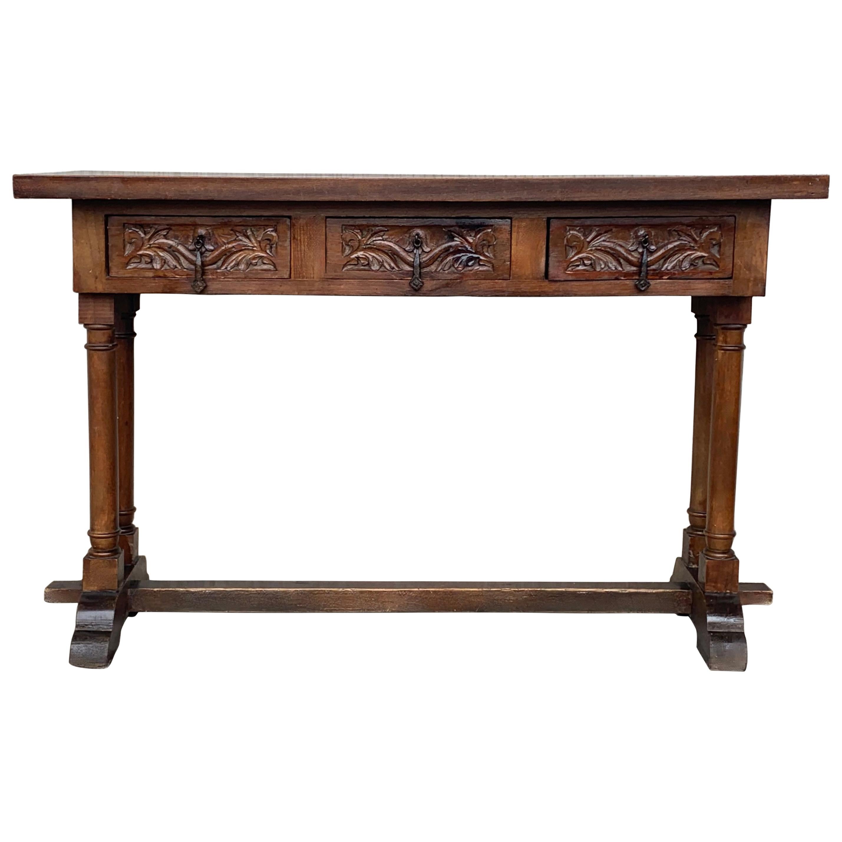 20th Century Carved Three-Drawer Spanish Walnut Console Table with Iron Hardware