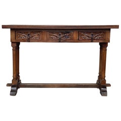 20th Century Carved Three-Drawer Spanish Walnut Console Table with Iron Hardware